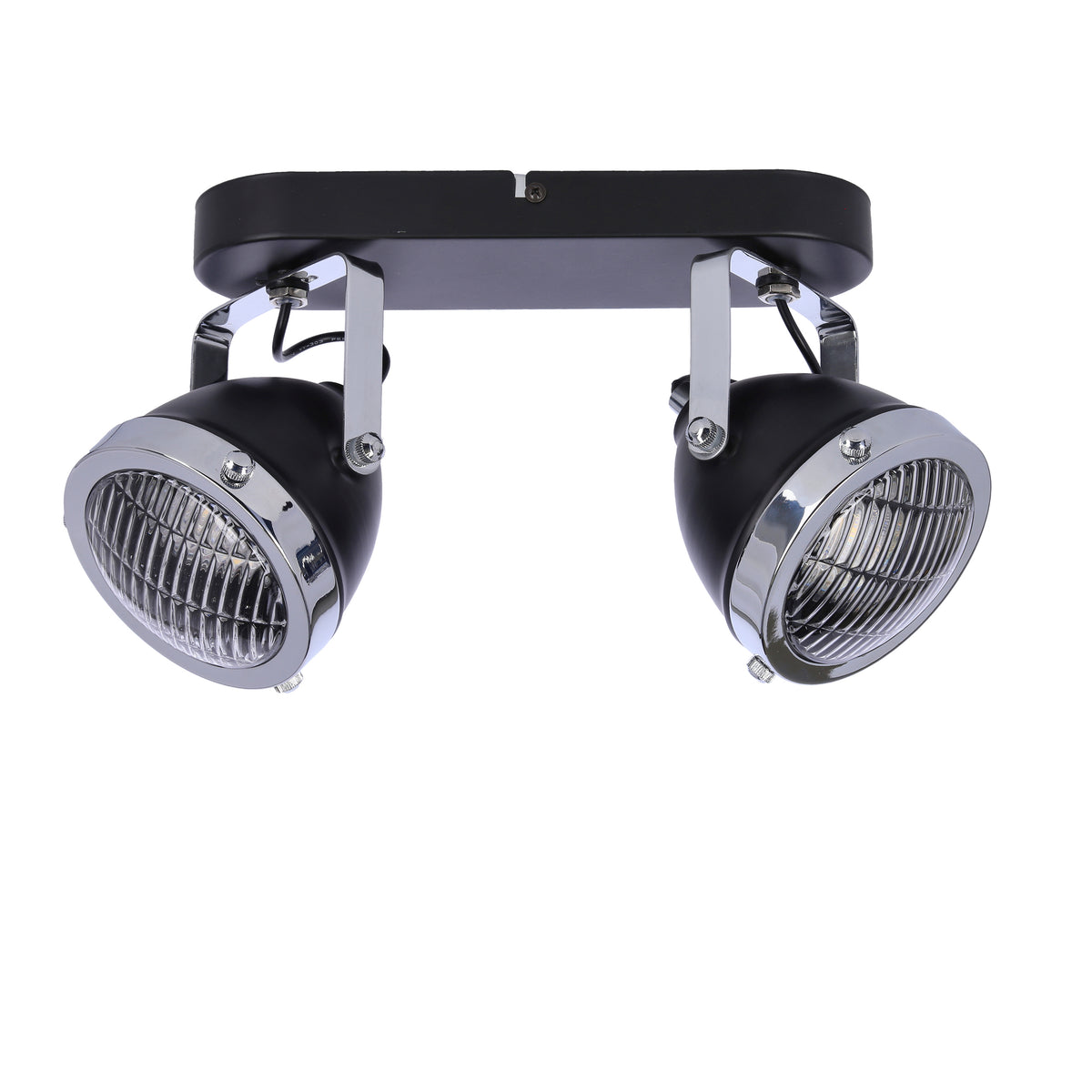 Plafonnier deux spots orientables de face, corps noir et cerclage chromé
