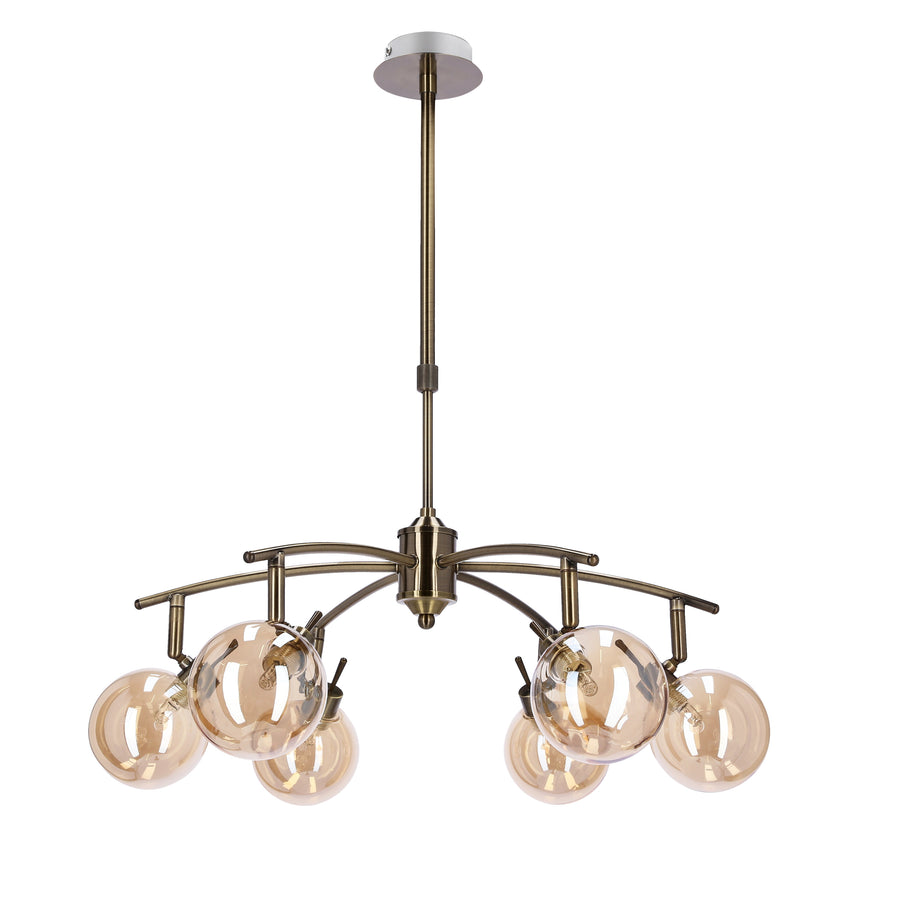 Suspension six globes en verre ambré et bras métal patiné sur fond blanc