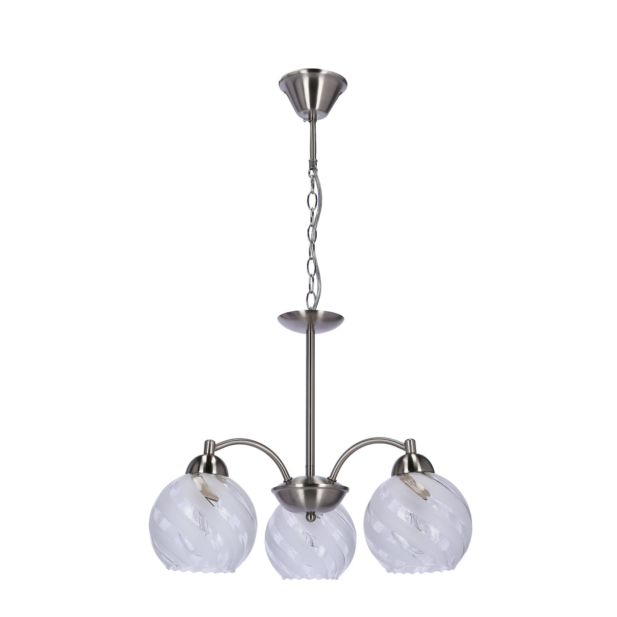 Produit de face sur fond blanc, suspension trois lumières en verre et nickel satiné.