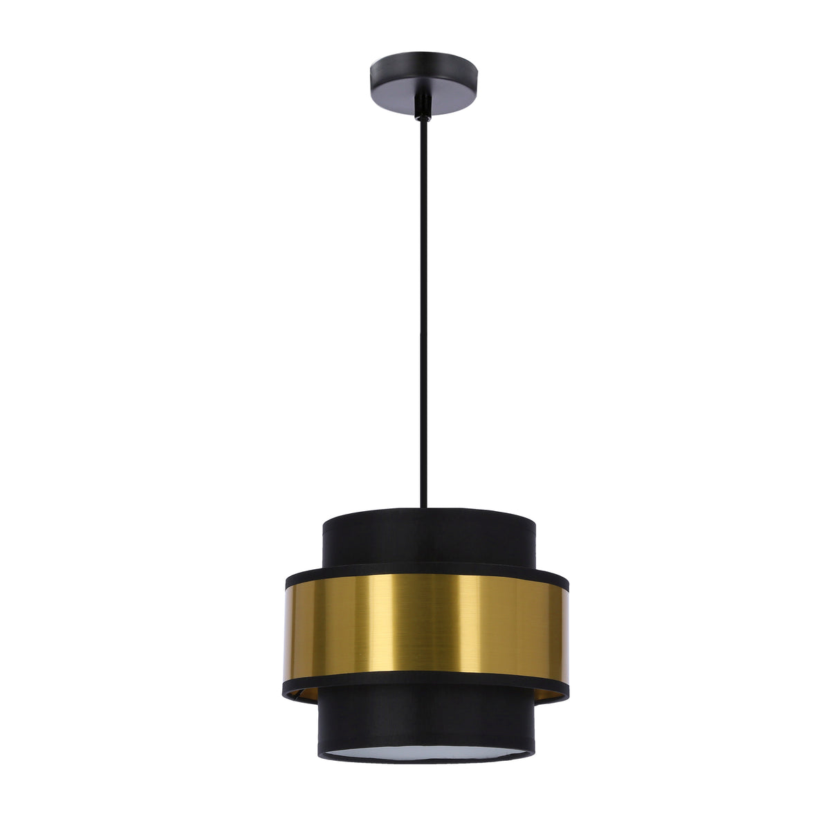 Suspension cylindrique noire et dorée de face sur fond blanc