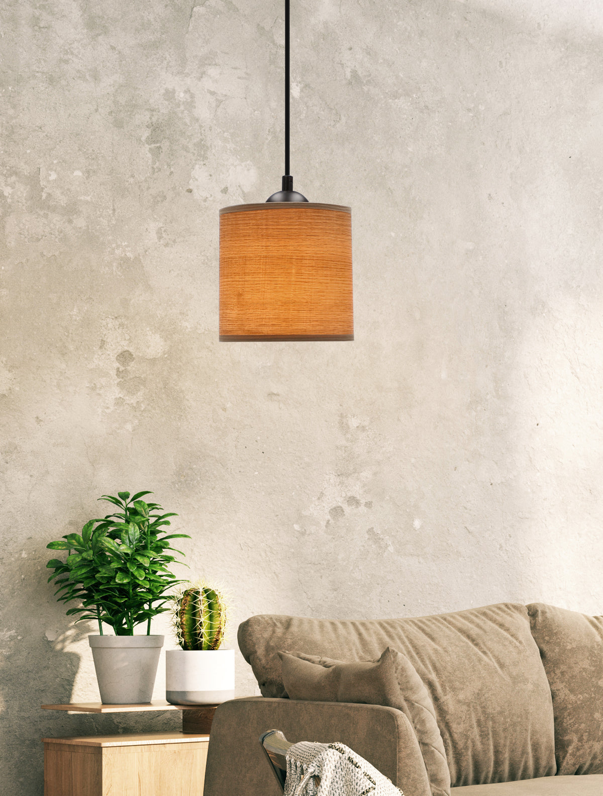 Luminaire suspendu au-dessus d'un canapé taupe devant un mur béton texturé