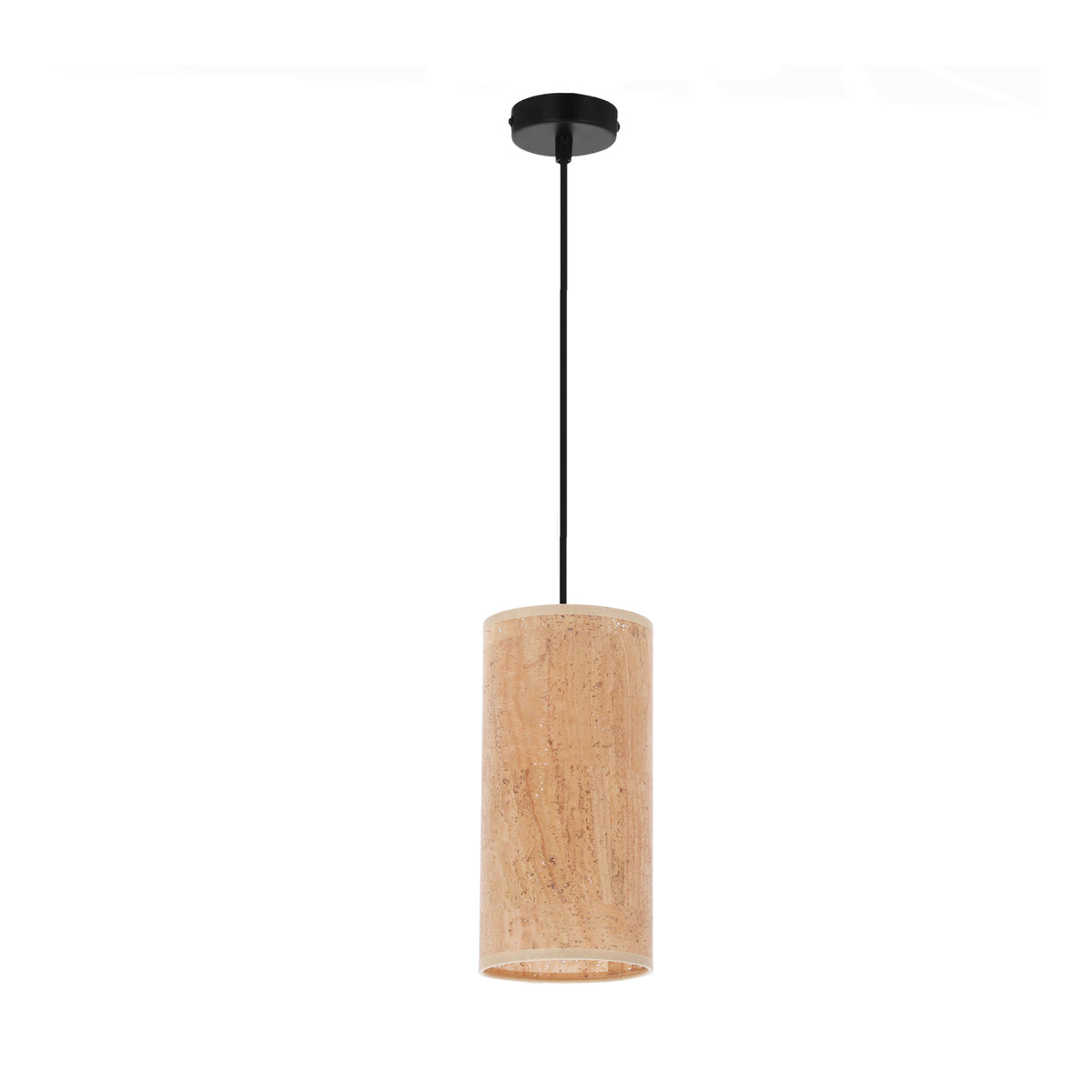 Suspension seule vue de face, abat-jour cylindrique beige et câble noir