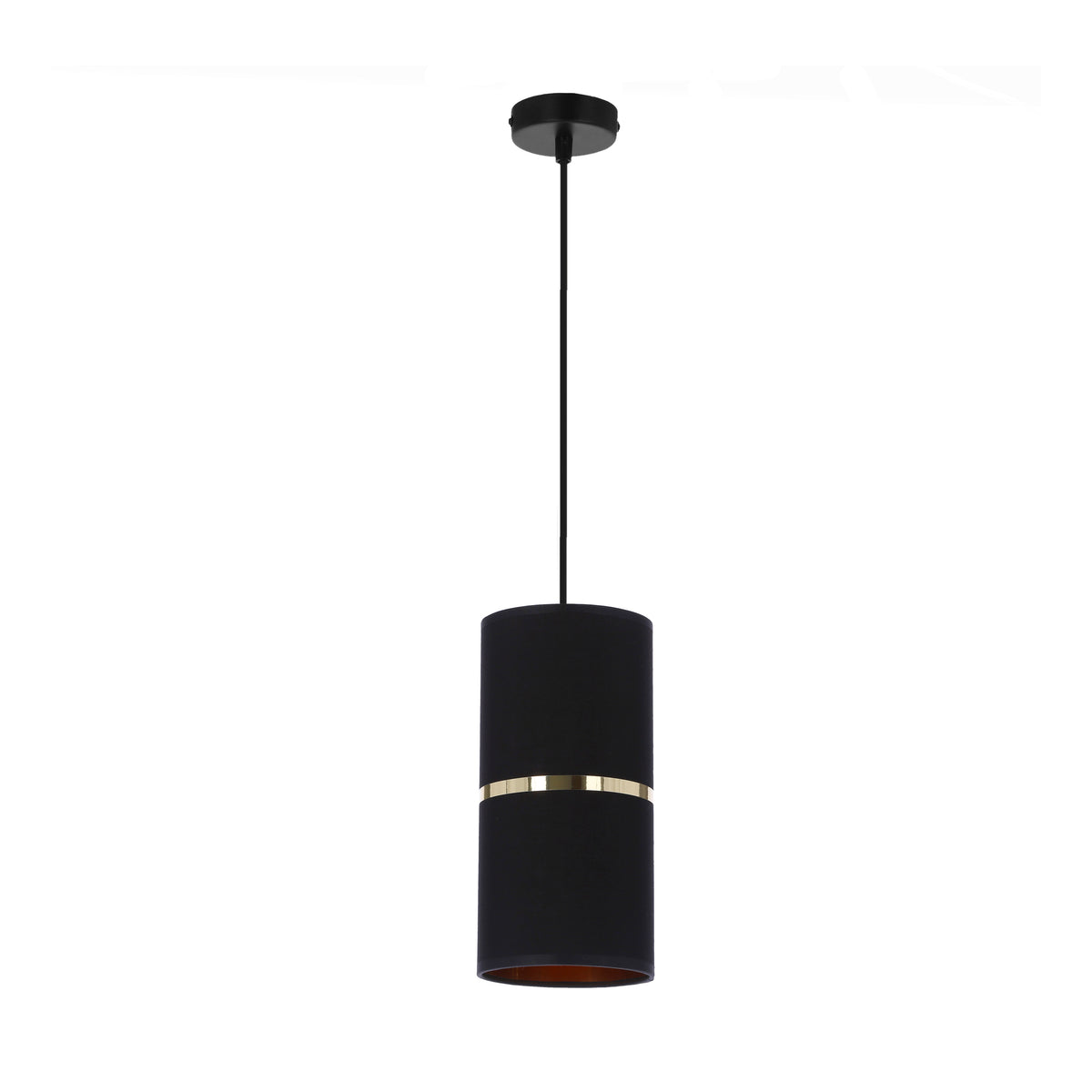 Suspension cylindrique en tissu noir avec bandeau doré, vue de face sur fond blanc