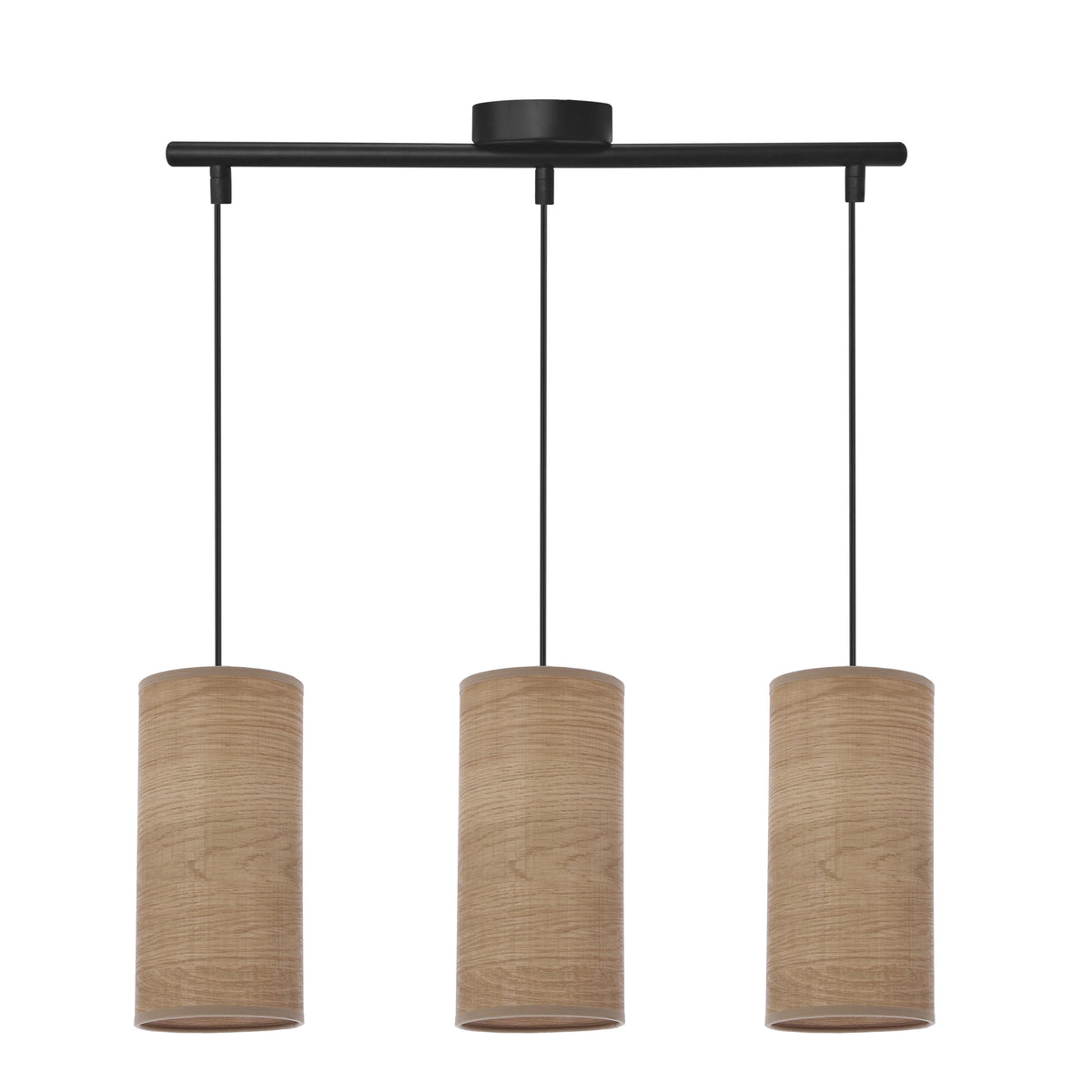 Suspension noire à trois abat-jours cylindriques en tissu effet bois, sur fond blanc.
