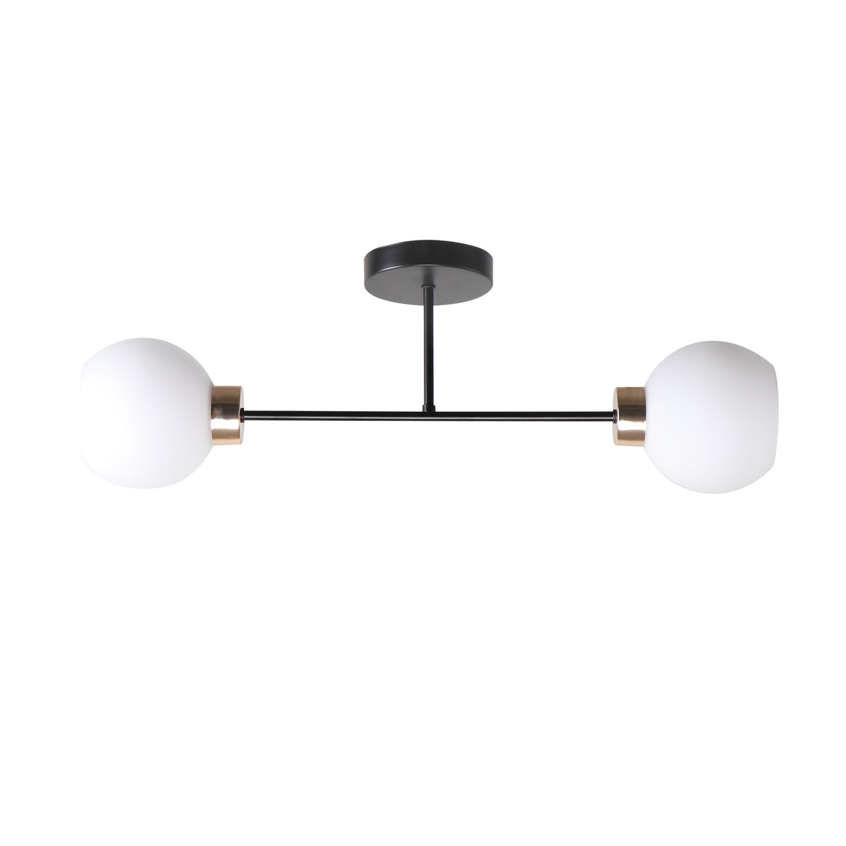 Plafonnier deux globes en verre opalin, structure noire et détails laiton, de face