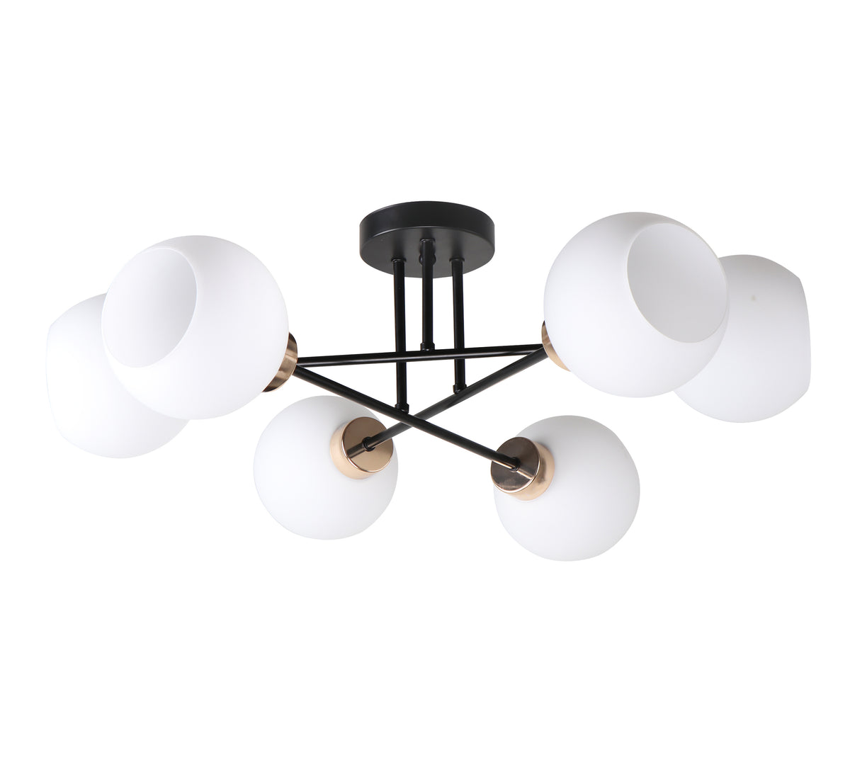 Plafonnier six globes de verre blanc opale, structure métal noir et détails laiton