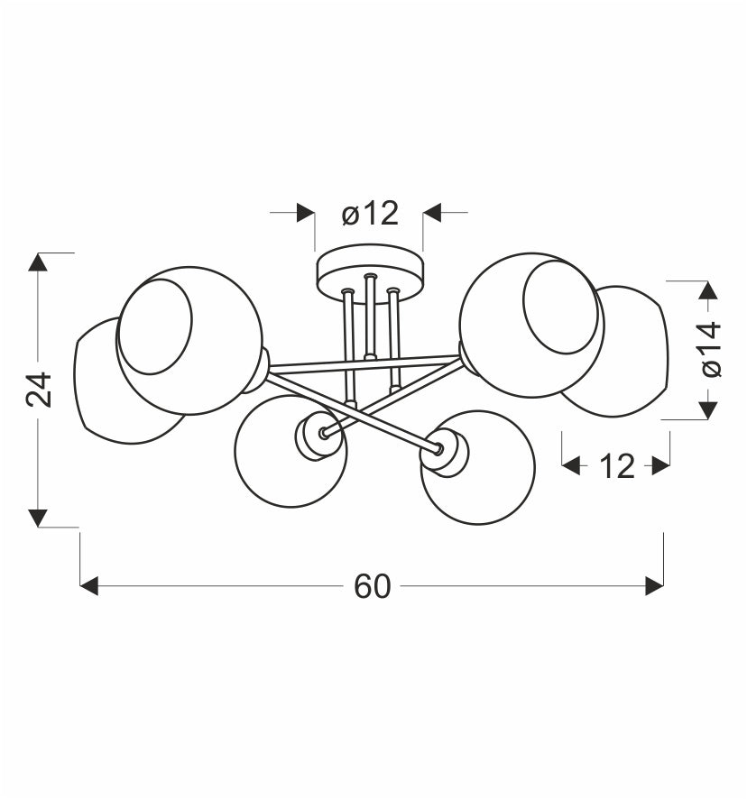 Schéma technique coté du plafonnier vu de face, diamètre et hauteur