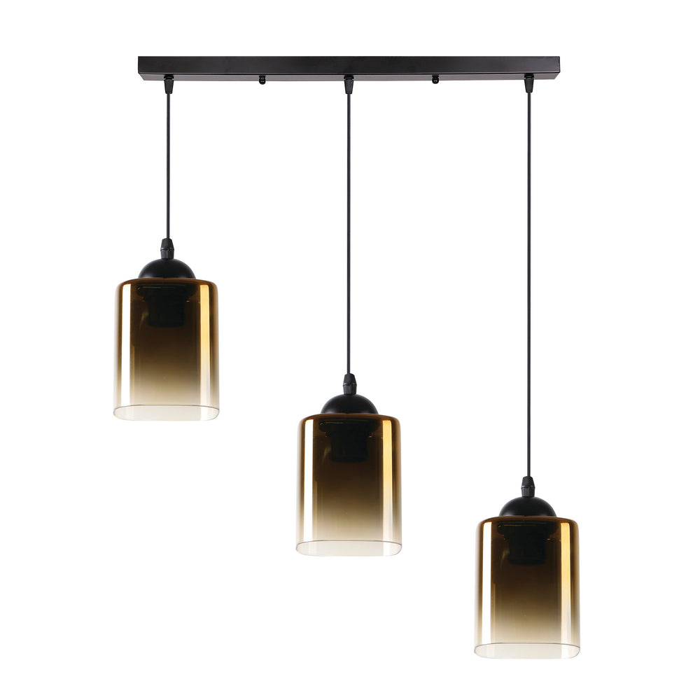 Suspension trois lumières, abat-jours cylindriques en verre dégradé ambré et structure noire, fond blanc