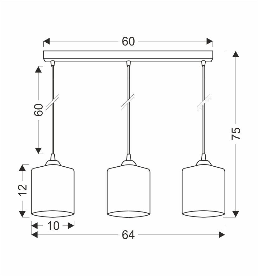 Schéma coté du luminaire : largeur 64 cm, hauteur 75 cm, abat-jour 12 cm