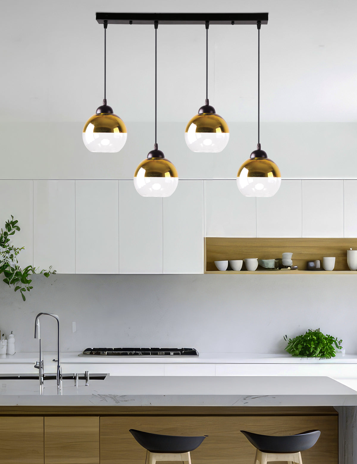 Mise en ambiance du luminaire suspendu au-dessus d'un plan de travail de cuisine moderne