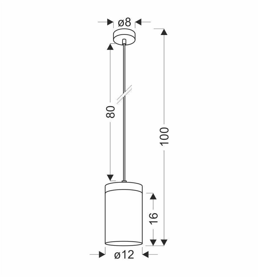 Schéma coté de la suspension : diamètre 12 cm, hauteur 16 cm, câble 80 cm.