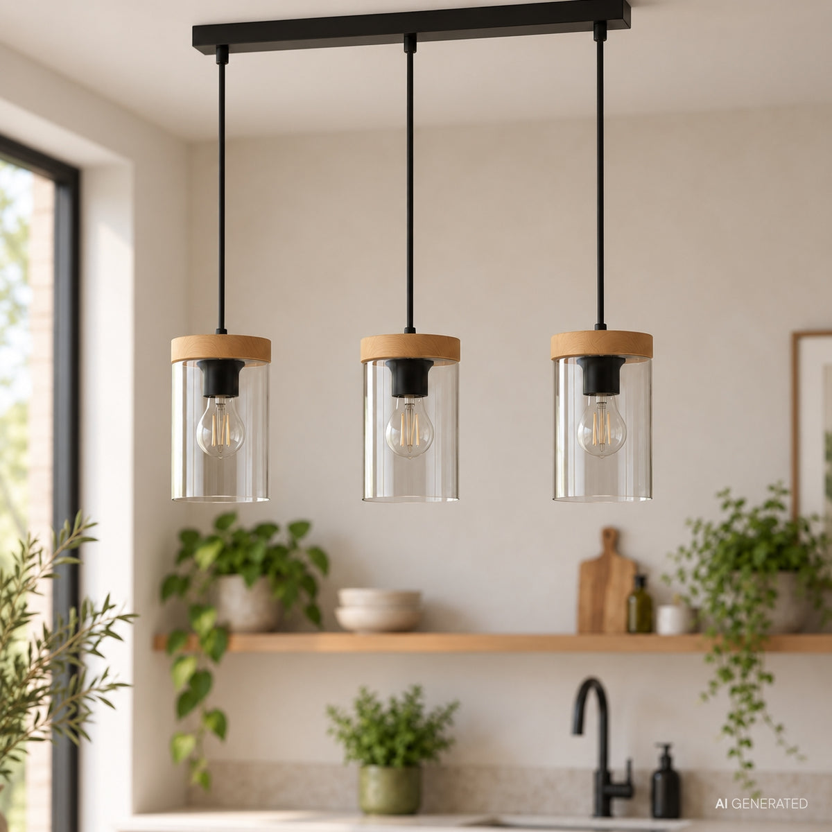 Gros plan sur les trois luminaires suspendus, ampoules visibles dans le verre transparent