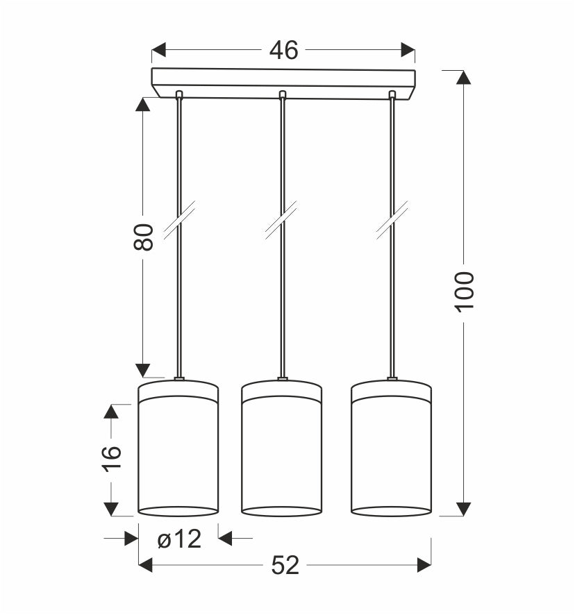 Schéma coté : longueur 52 cm, hauteur 100 cm, abat-jour diamètre 12 cm