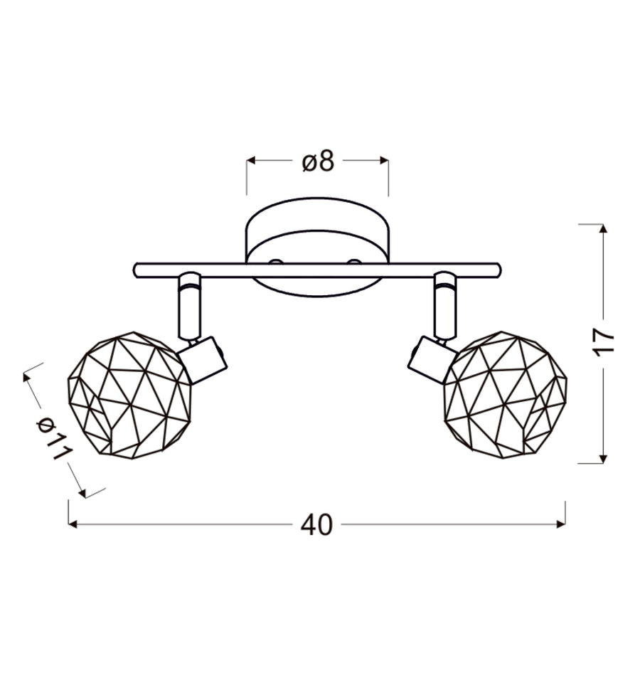Schéma technique coté du luminaire avec diamètre et largeur totale.