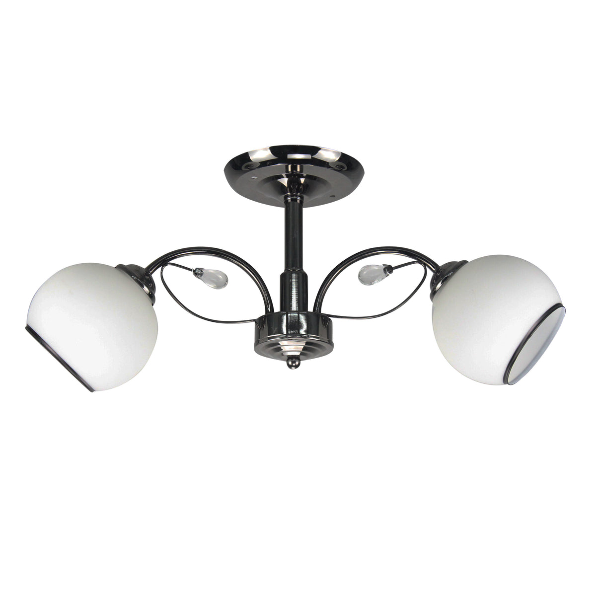 Plafonnier deux lumières vu de face, bras métalliques noirs et globes de verre opalin blanc