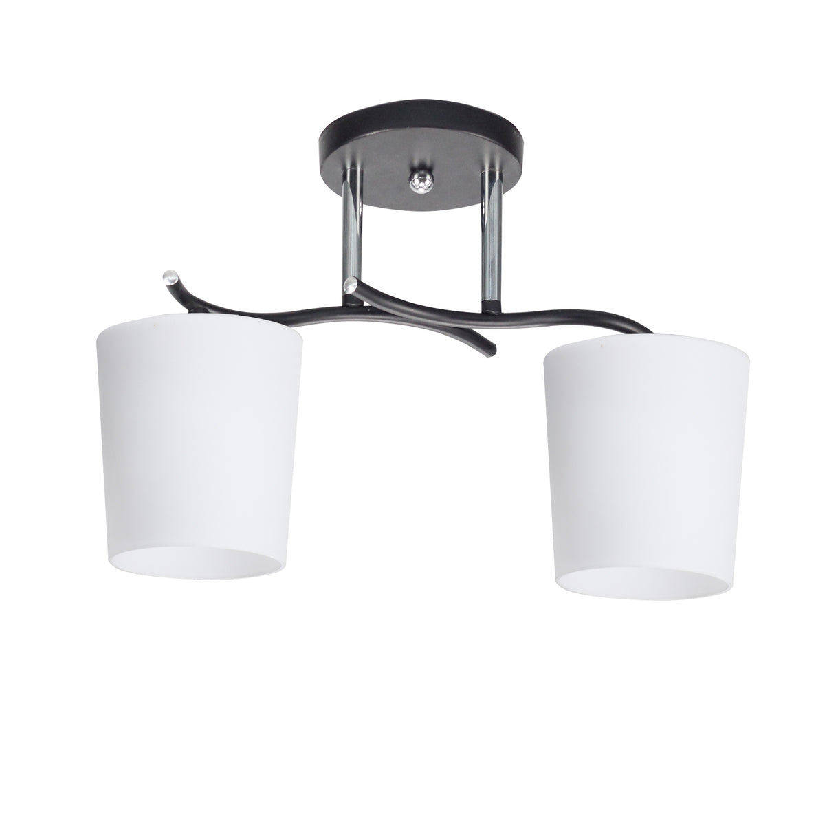 Luminaire plafonnier noir à deux abat-jours en verre blanc, vue de face sur fond blanc.