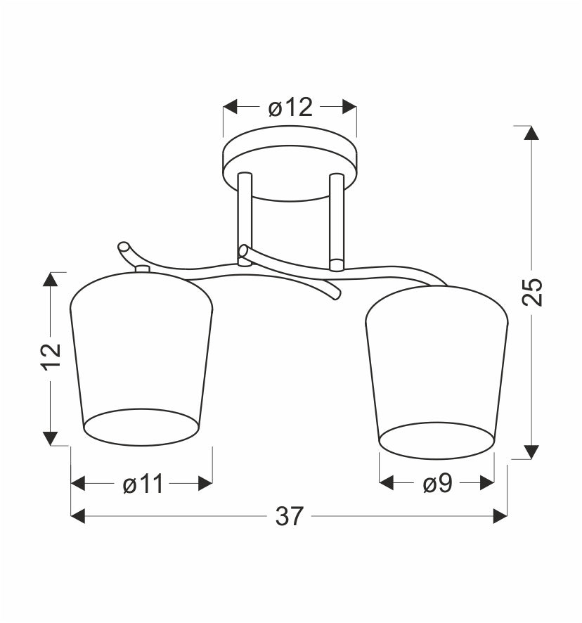 Schéma technique coté du luminaire, avec mesures du socle, des abat-jours et hauteur totale.