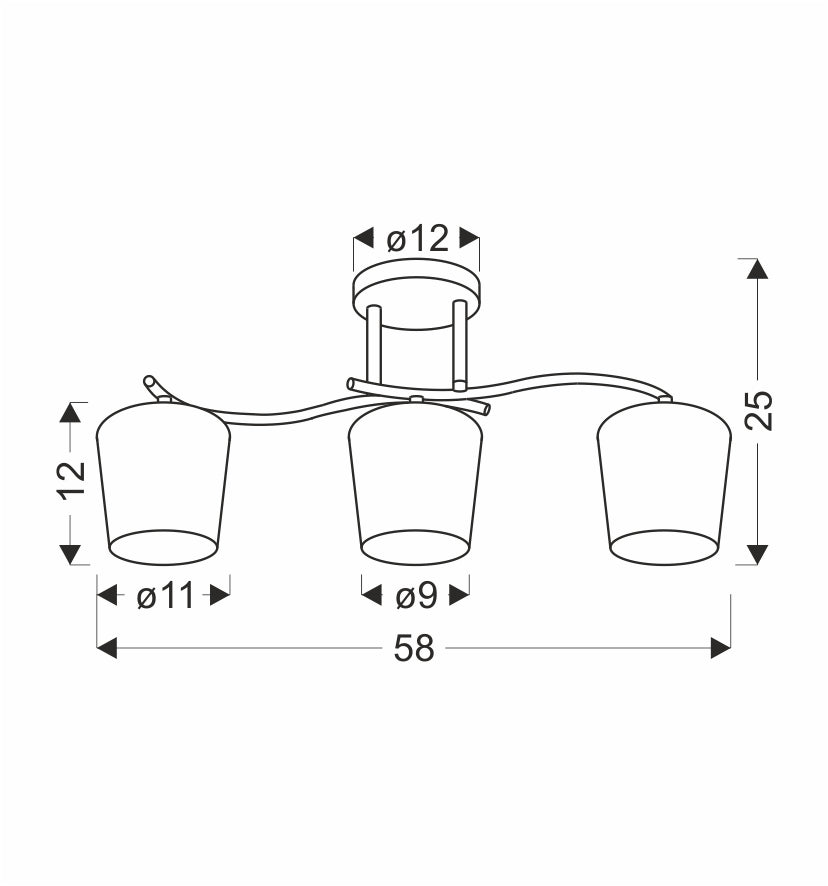 Schéma de dimensions cotées : largeur 58 cm, hauteur 25 cm, diamètres des abat-jours
