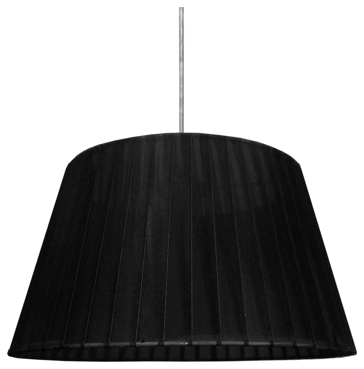 Abat-jour noir plissé en tissu, suspension vue de face sur fond blanc