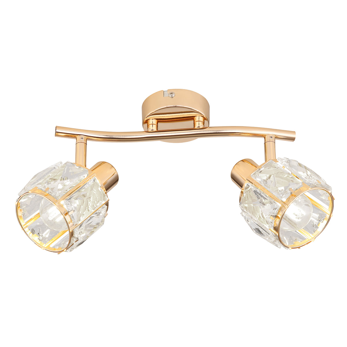 Plafonnier doré à deux lumières orientables avec diffuseurs en cristal, présenté de face.