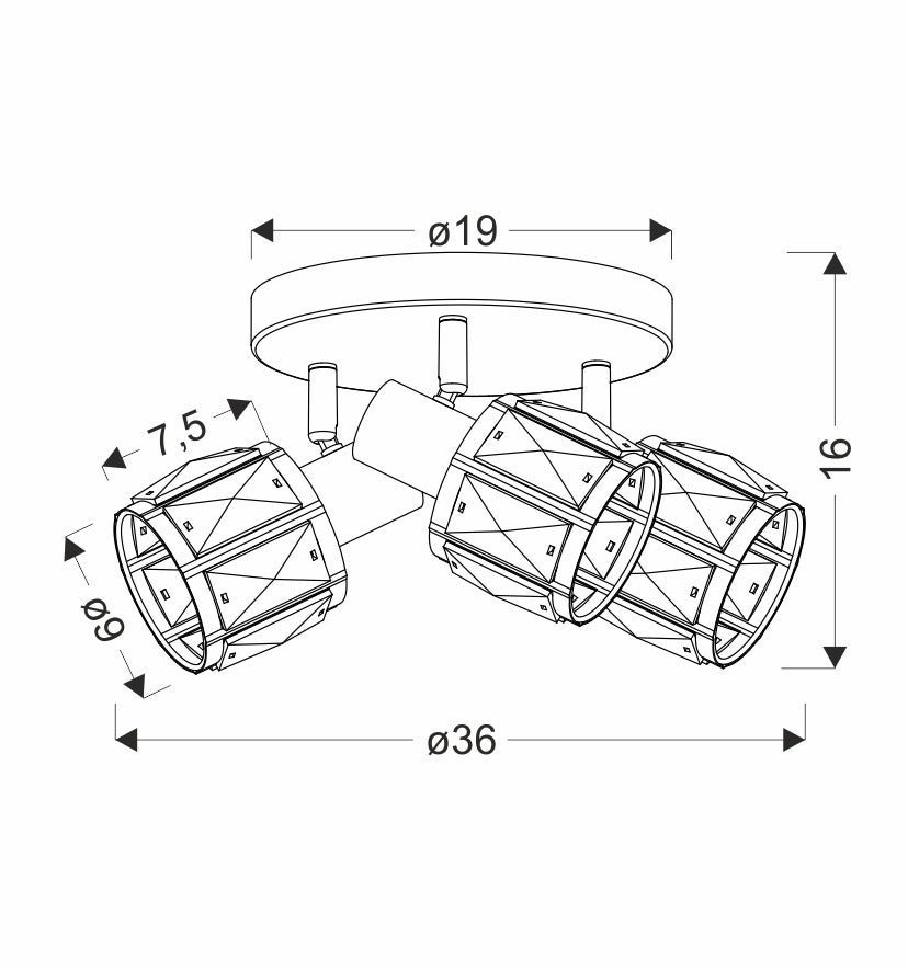 Schéma technique coté du plafonnier : diamètre 36 cm, hauteur 16 cm, tête 7,5 cm.