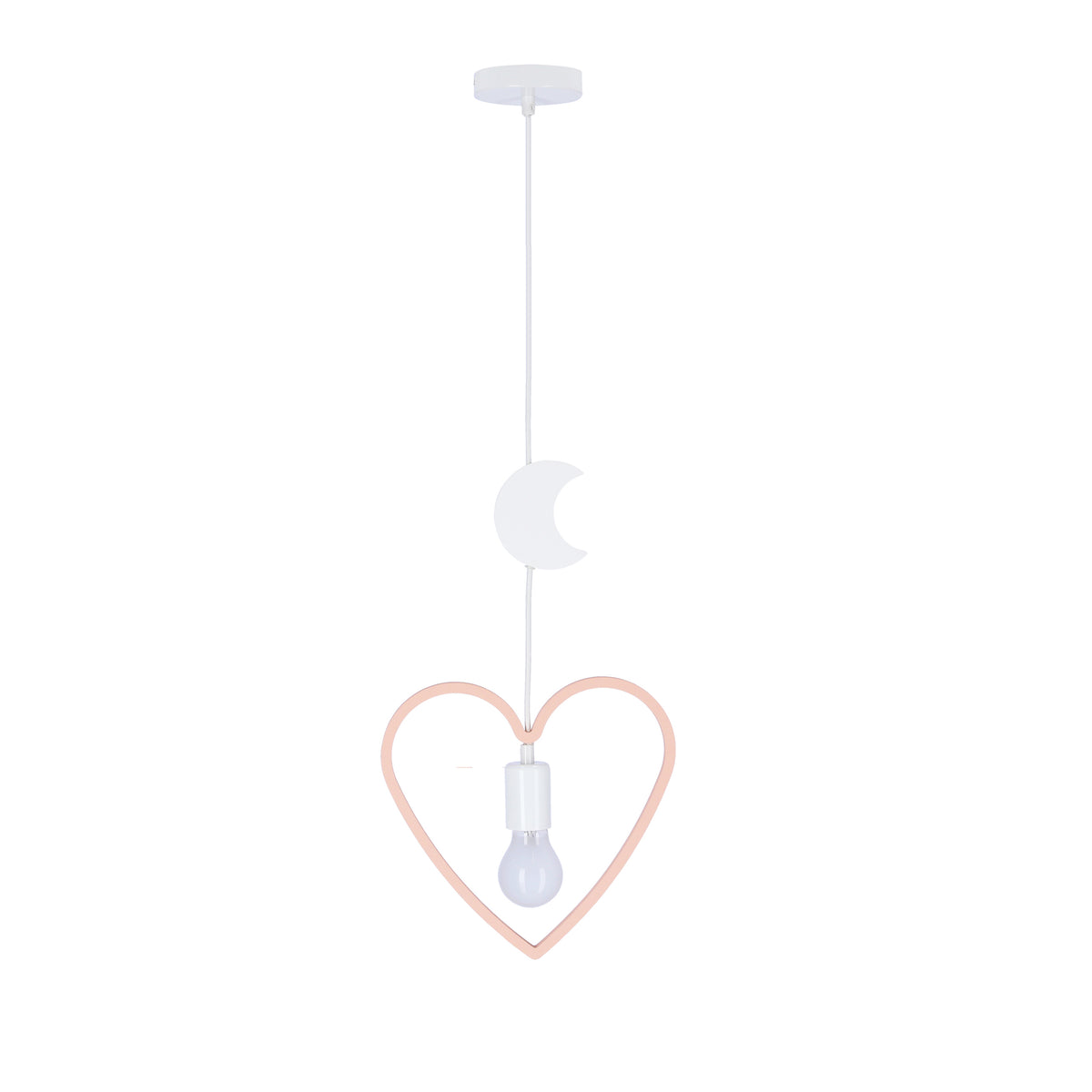 Suspension pour enfant avec cœur rose et lune blanche, ampoule visible de face.