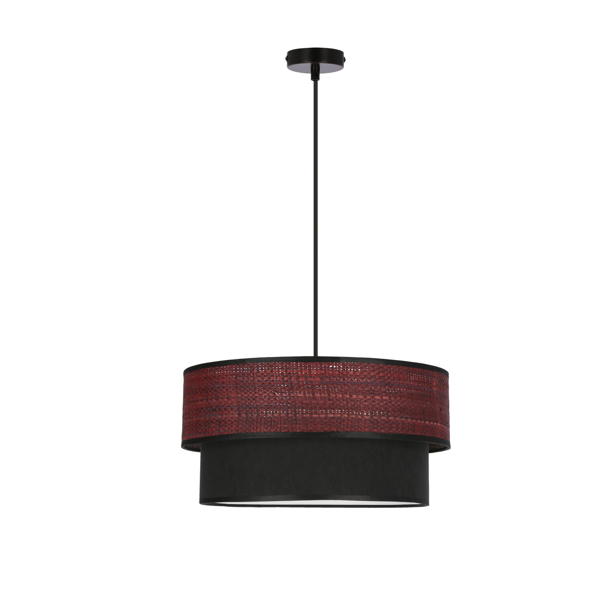 Suspension noire avec abat-jour cylindrique en cannage rouge et partie inférieure noire
