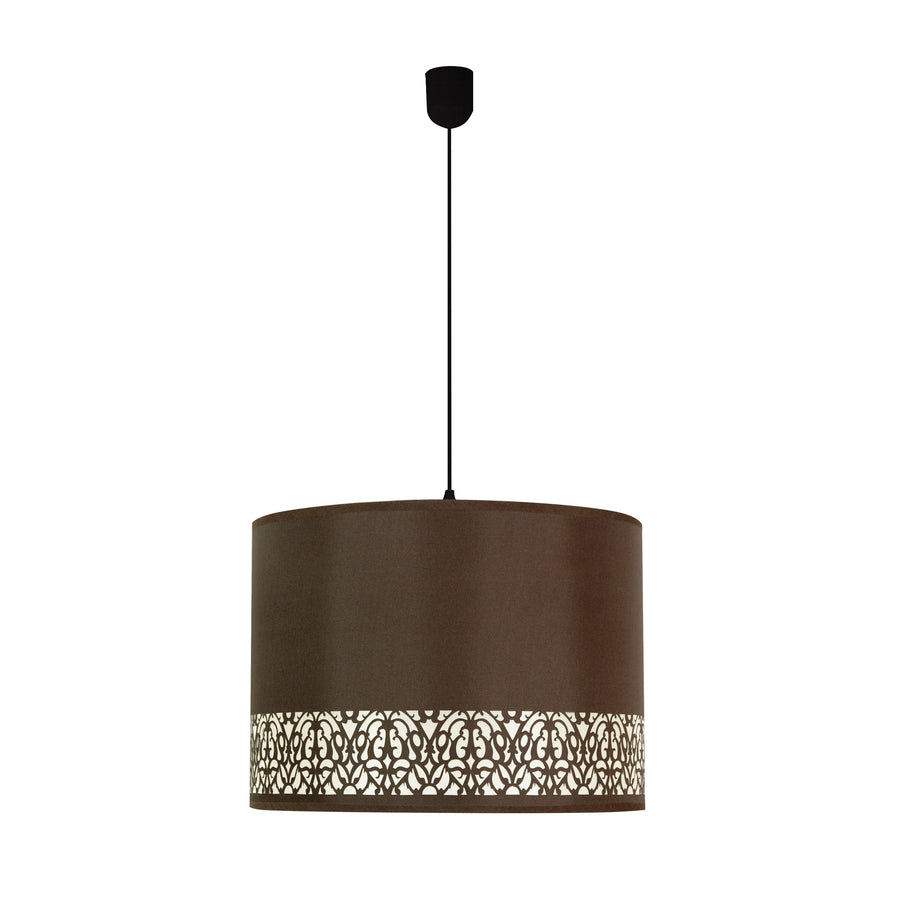 Suspension cylindrique en tissu marron avec frise ajourée contrastante, vue de face.