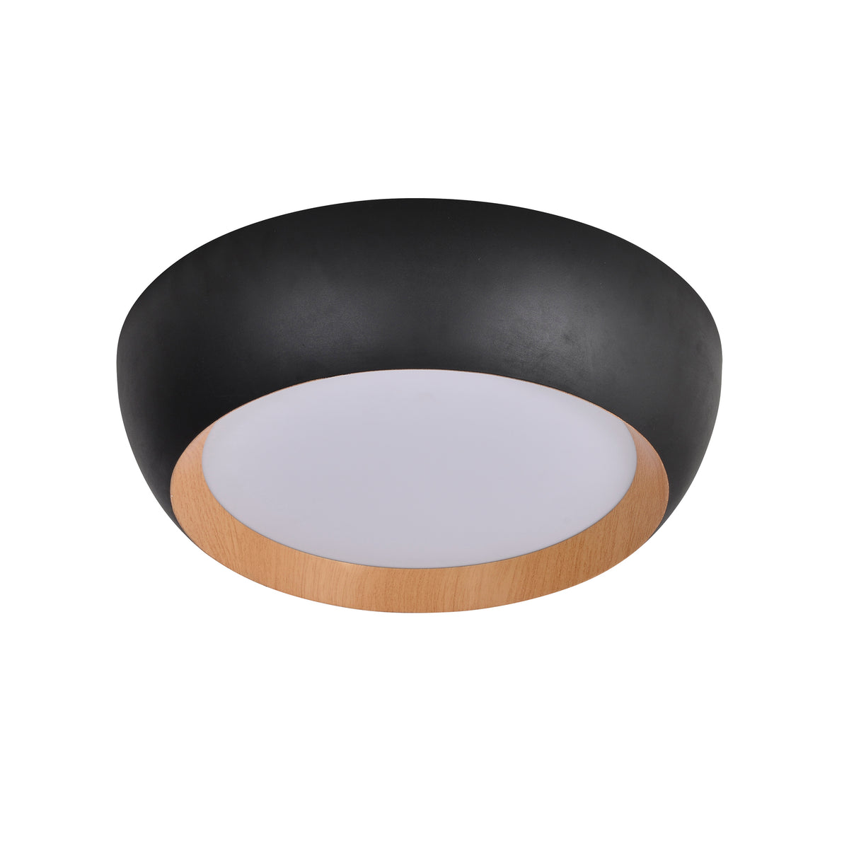 Plafonnier rond noir et bois vu de trois quarts, diffuseur blanc.