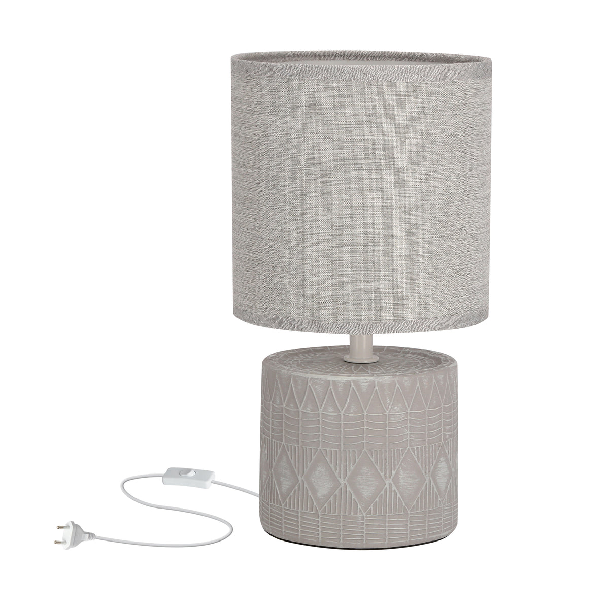 Lampe à poser de face, socle céramique gris à motif géométrique et abat-jour en tissu