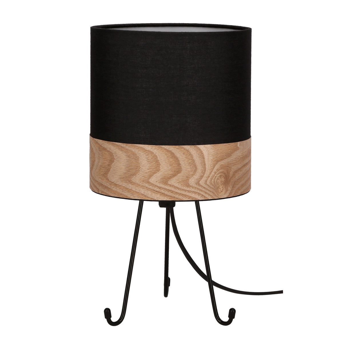 Lampe à poser sur trépied noir, abat-jour cylindrique en tissu noir et bois clair