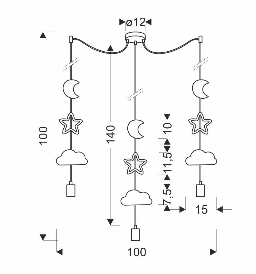 Schéma de dimensions du luminaire avec hauteurs et largeur indiquées en centimètres