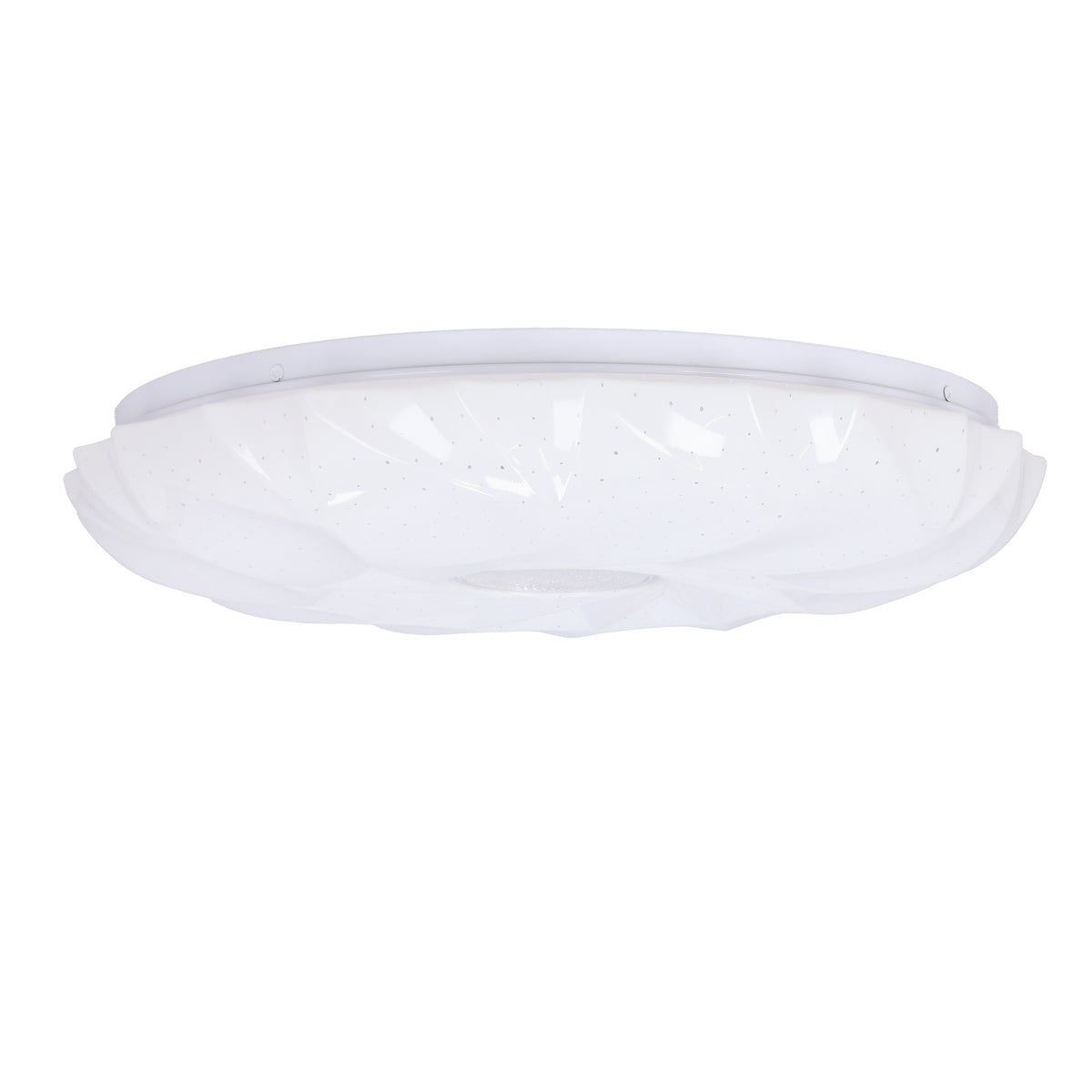 Vue de face du plafonnier blanc, diffuseur rond aux facettes plissées et verre central.