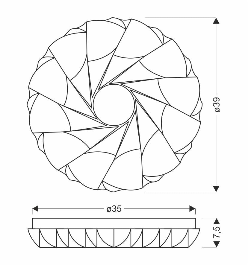 Schéma technique du plafonnier avec diamètres 39 cm et 35 cm, hauteur 7,5 cm.