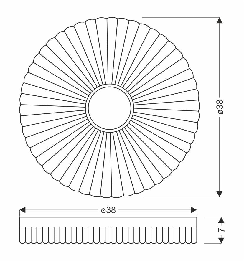 Schéma de dimensions : diamètre 38 cm et hauteur 7 cm, vue technique du plafonnier.