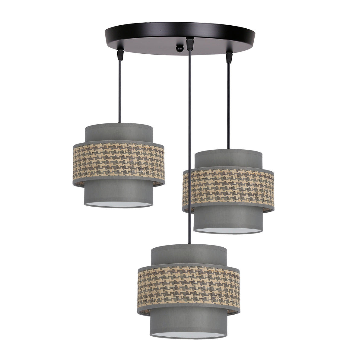 Suspension trois lumières vue de face, abat-jours cylindriques graphite et bandeau tressé beige