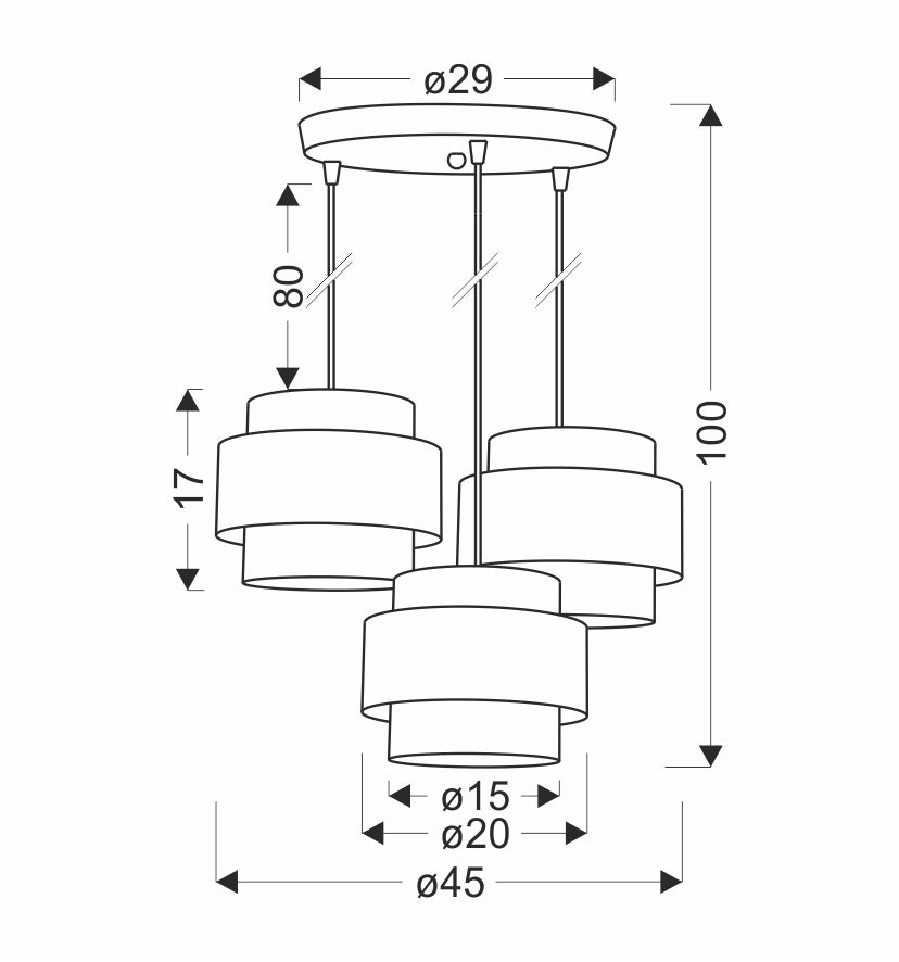 Schéma de dimensions cotées du plafonnier, diamètre du support et hauteur totale indiqués