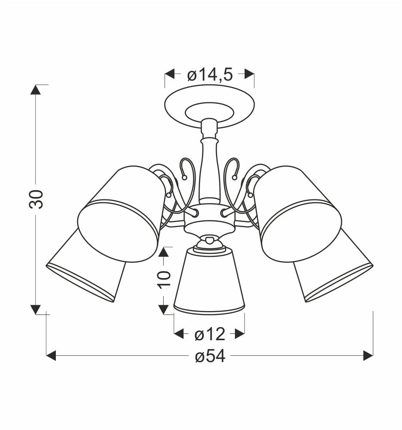 Schéma de dimensions du luminaire avec diamètre total et hauteur, fond blanc.