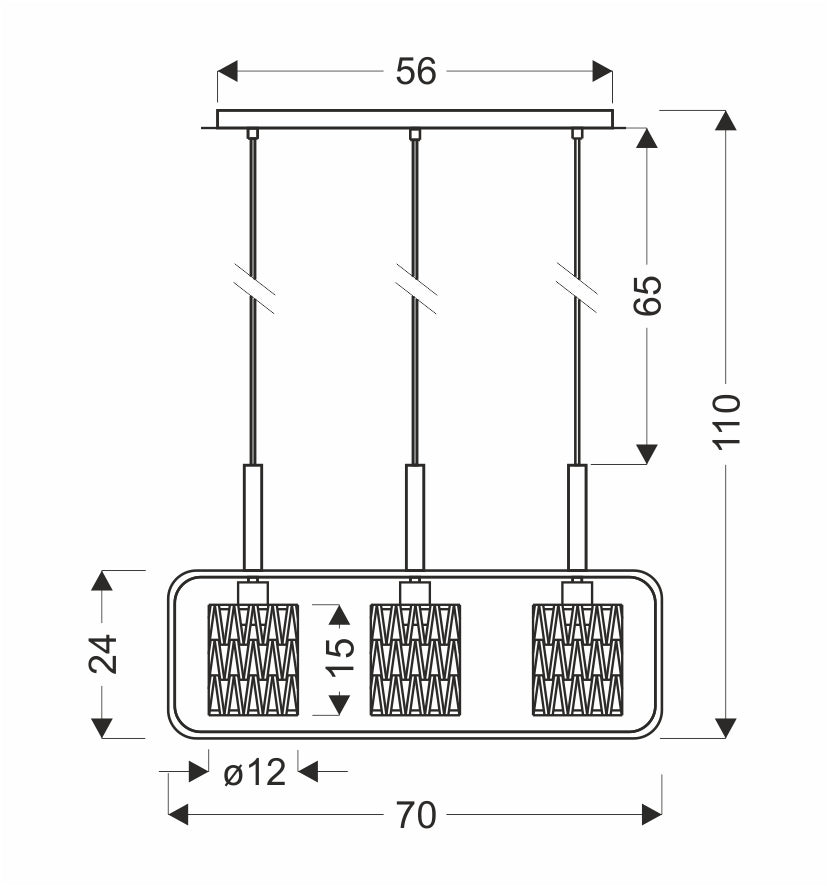 Schéma de dimensions cotées du luminaire, largeur totale, hauteur et diamètre des abat-jours