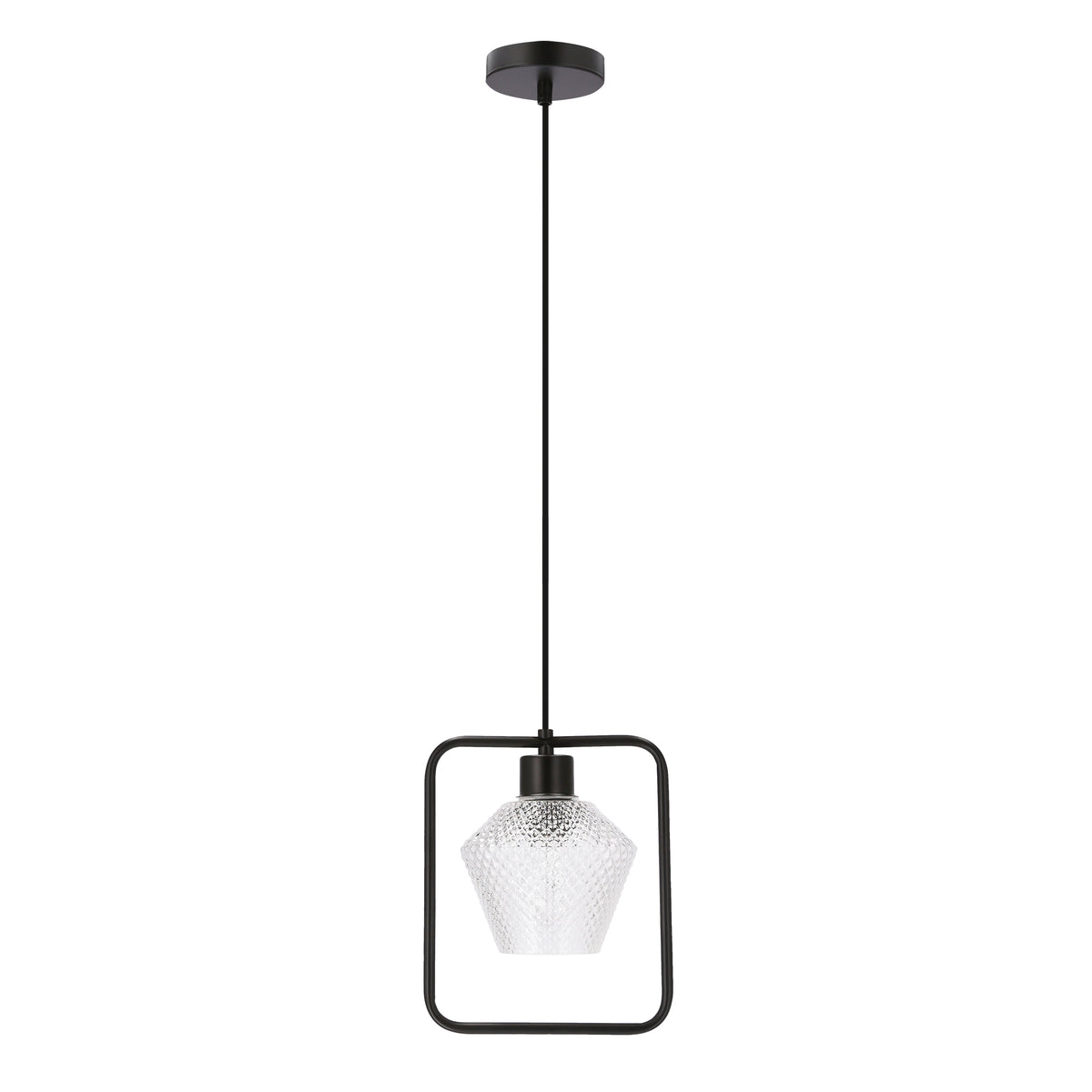 Suspension noire à cadre carré et verre texturé diamant sur fond blanc