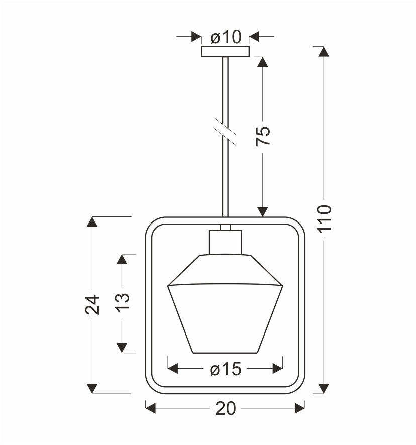 Schéma coté du luminaire avec hauteur totale et dimensions du cadre