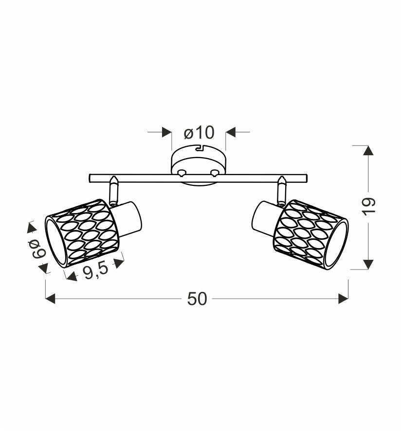 Schéma de dimensions du plafonnier avec largeur 50 cm, hauteur 19 cm, diamètre 10 cm