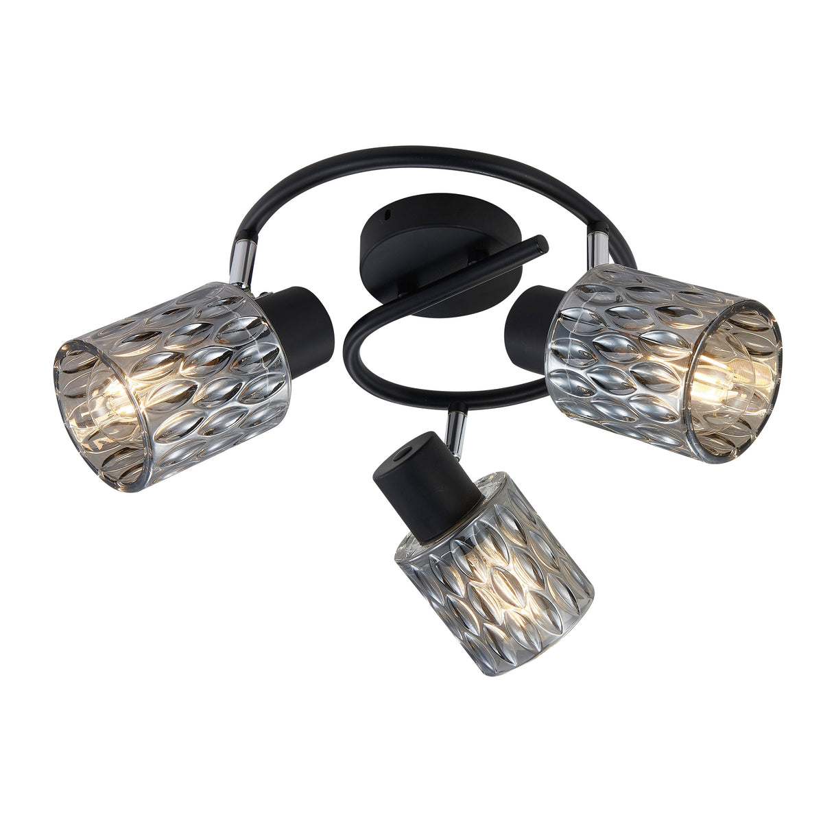 Plafonnier noir trois lumières, verre cylindrique texturé, produit de face sur fond blanc