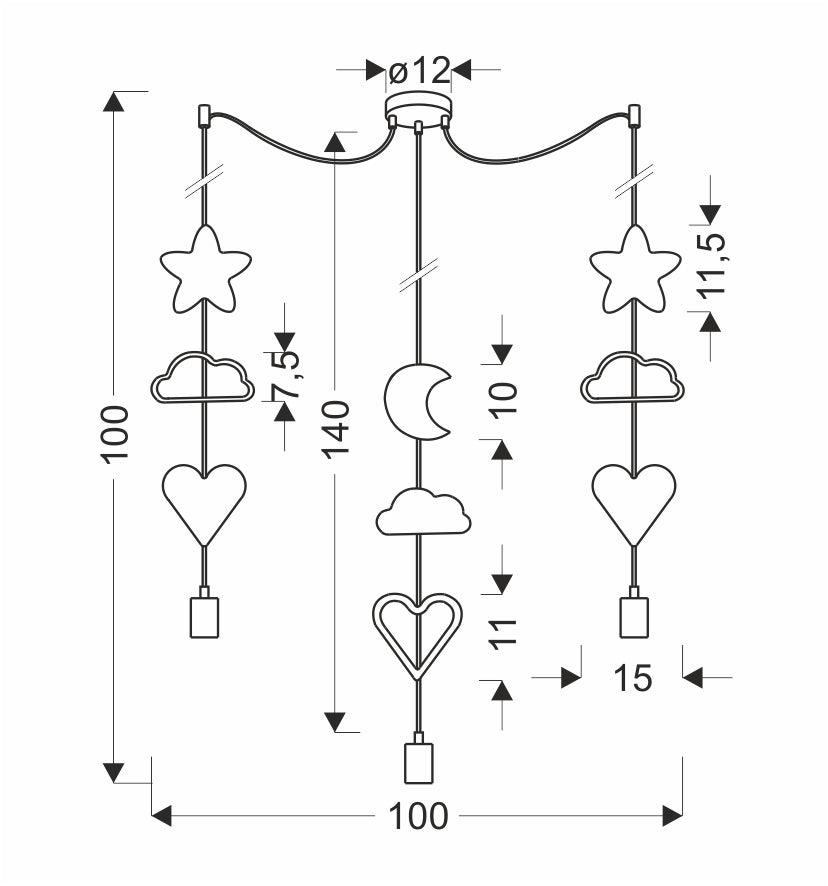 Schéma coté du luminaire avec hauteurs 100 et 140 cm et largeur 100 cm