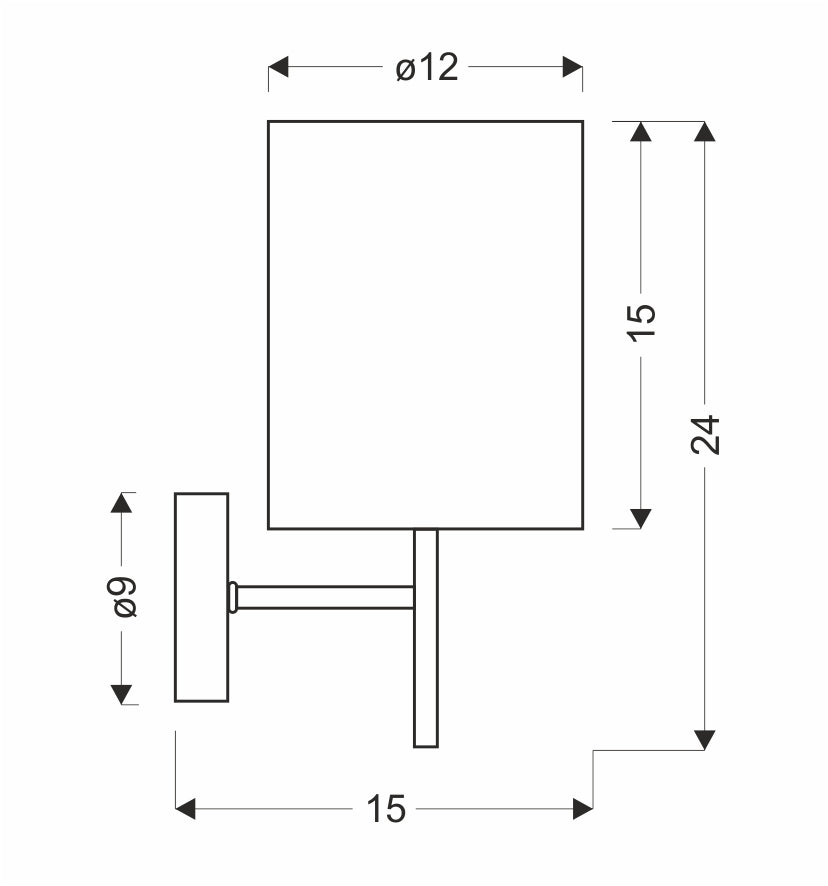 Schéma coté de l'applique, dimensions du bras et de l'abat-jour