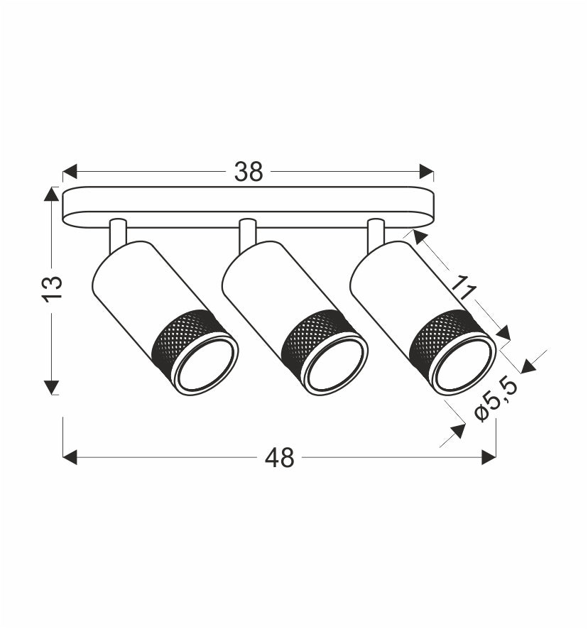 Schéma coté du luminaire : largeur 48 cm, hauteur 13 cm, diamètre des spots 5,5 cm