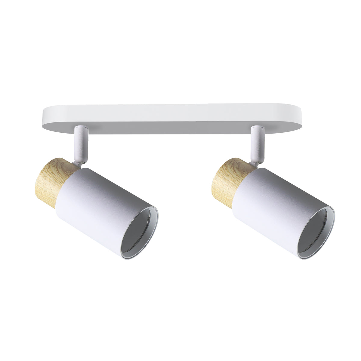 Vue de face du plafonnier deux spots cylindriques orientables blanc et bois clair.
