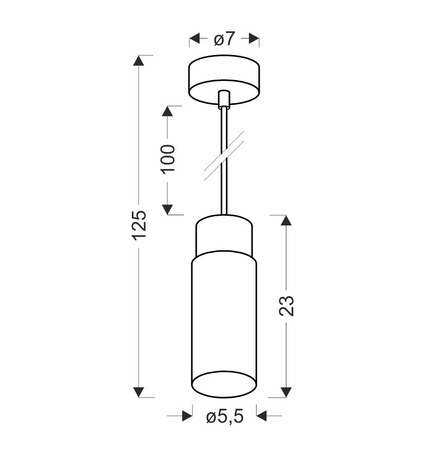 Schéma technique coté du luminaire avec diamètre, hauteur totale et suspension.