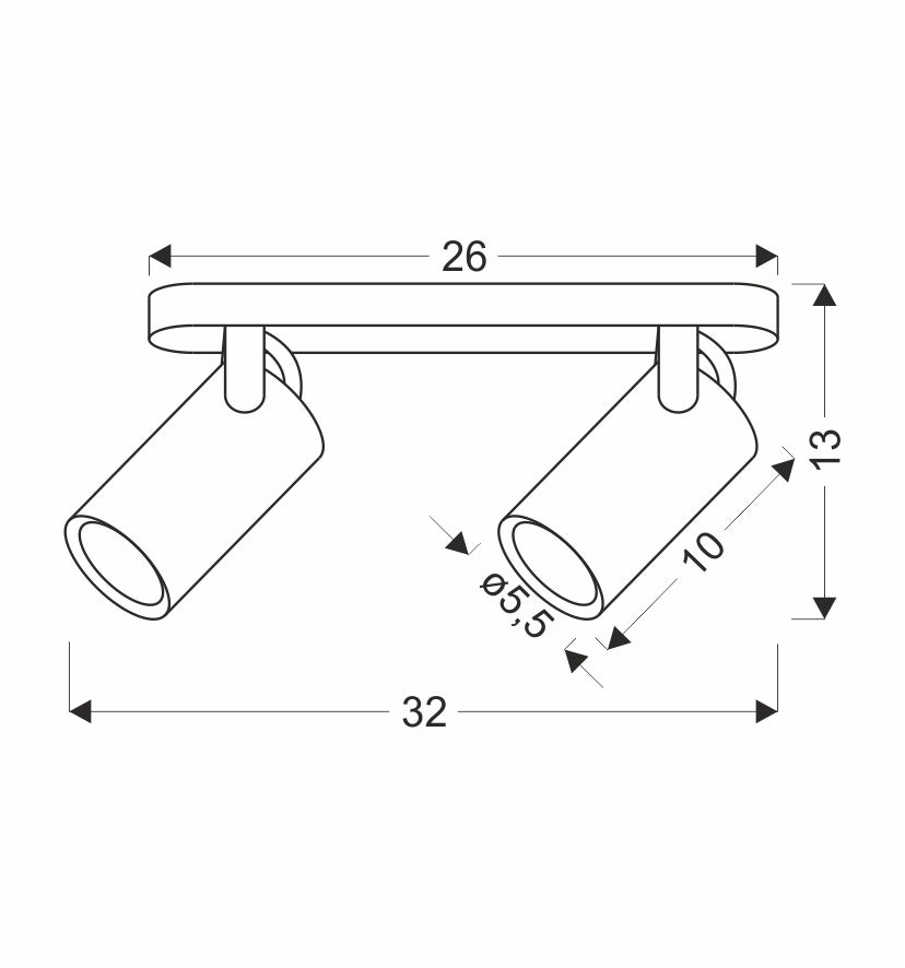 Schéma coté du plafonnier avec dimensions largeur hauteur et diamètre des projecteurs