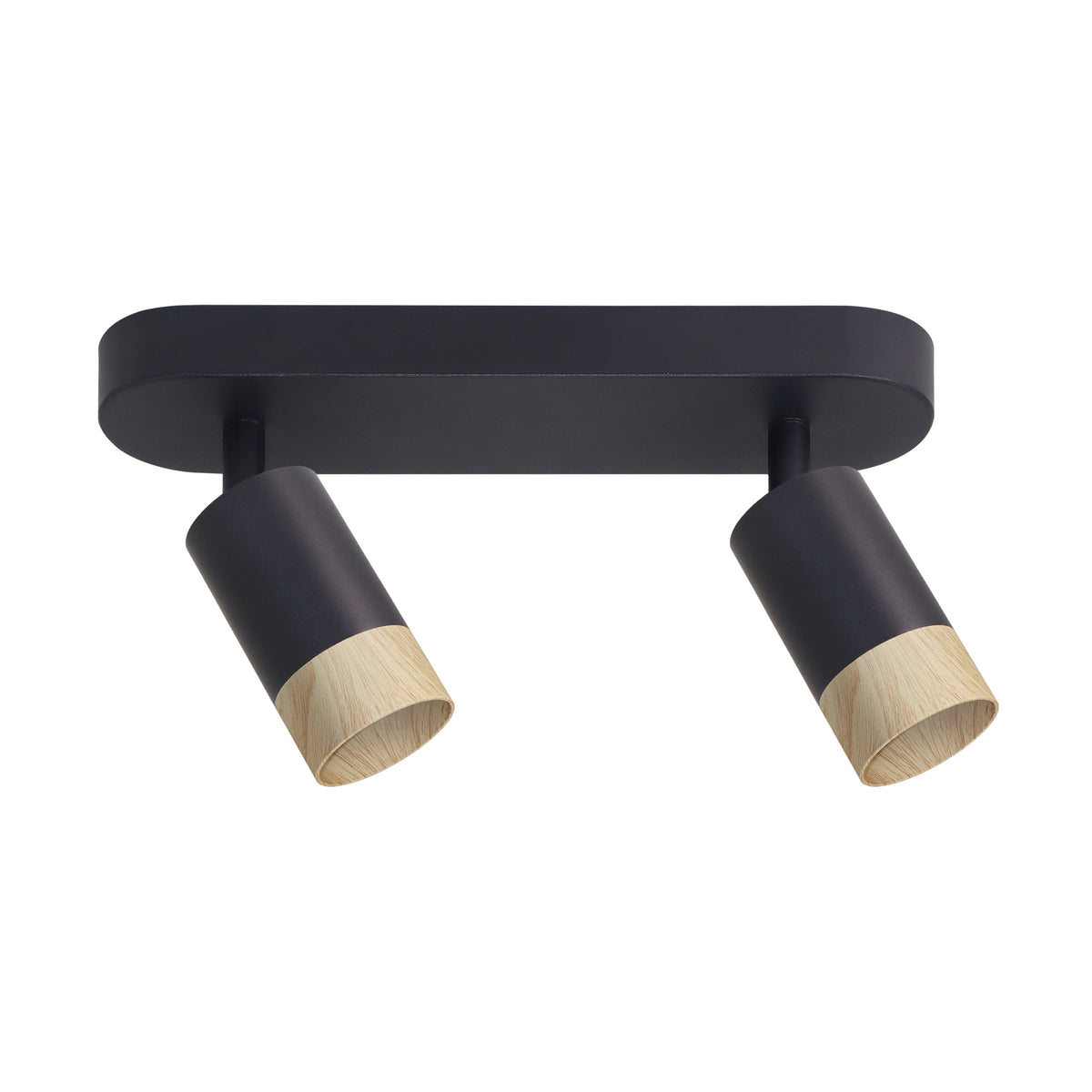 Plafonnier noir deux spots cylindriques orientables, finition bois clair, vu de face